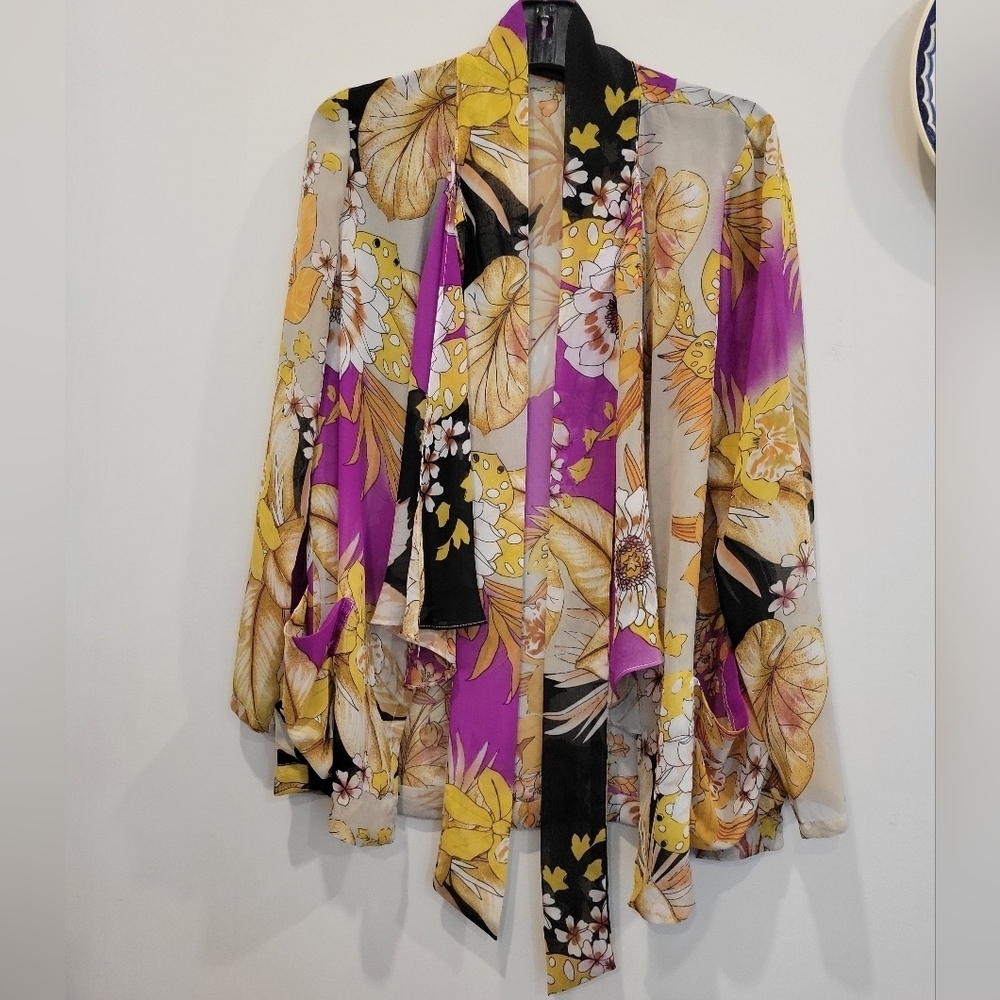 Anthony Original Sheer Vibrant Fall Colour Print Overblouse Made In USA Med